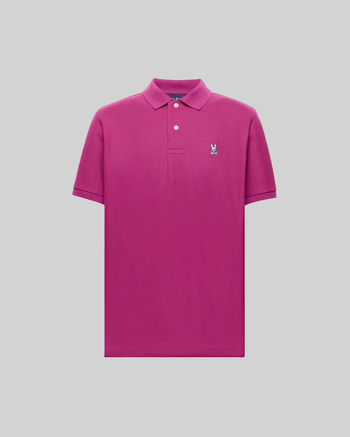 A bright pink Psycho Bunny MENS CLASSIC PIQUE POLO (B6K001F200) in soft Pima cotton, featuring short sleeves, a collar with two buttons, and an embroidered Bunny logo on the left chest, displayed on a light gray background.
