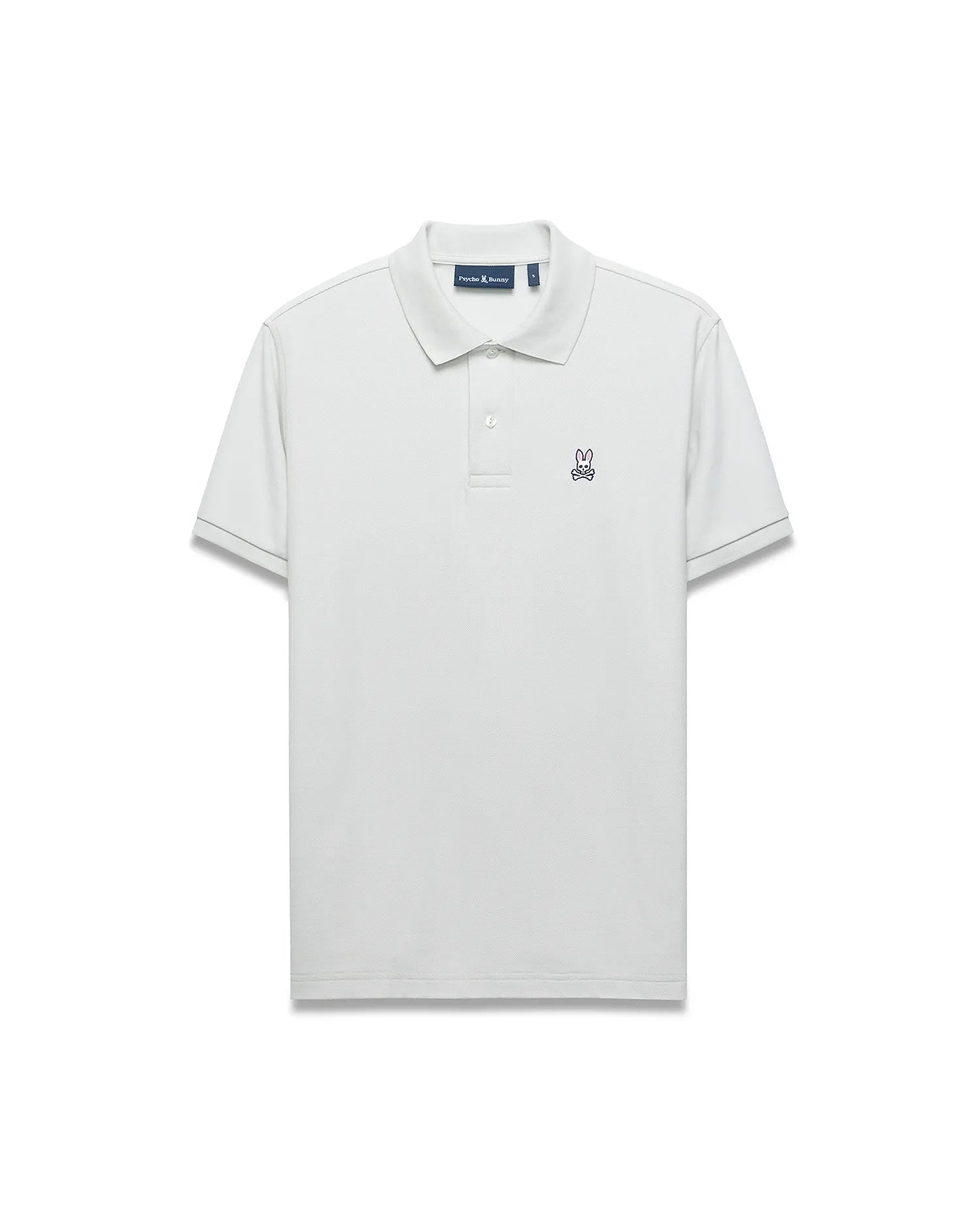 Mens Classic Pique Polo in light grey, featuring a classic fit, two-button placket, ribbed collar, and small pink embroidered Psycho Bunny skull logo on the left chest. (5)