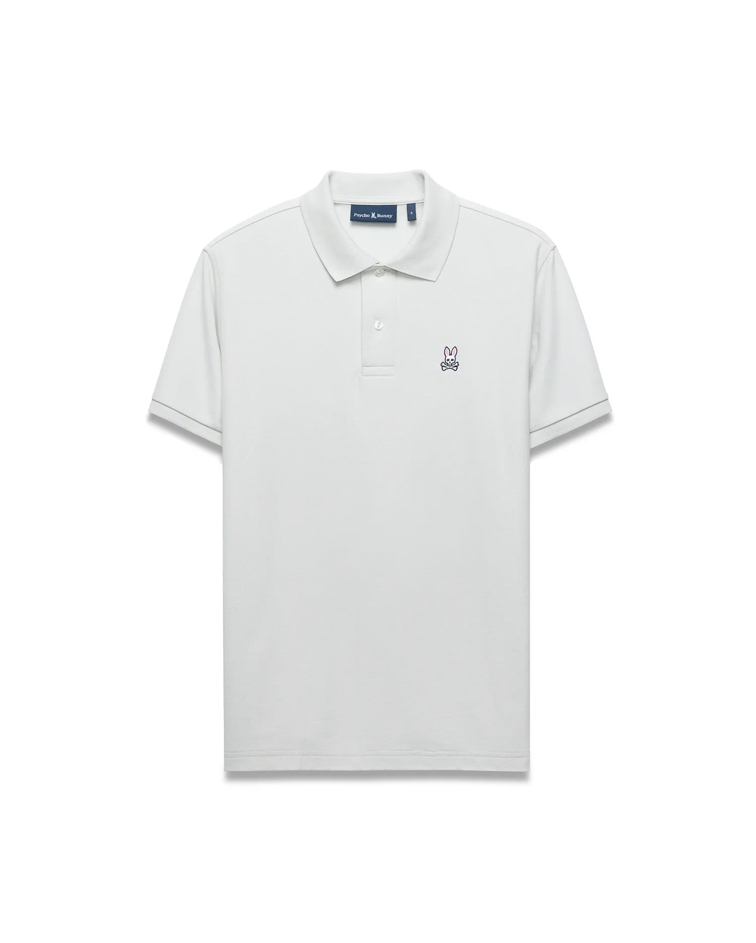 Mens Classic Pique Polo in light grey, featuring a classic fit, two-button placket, ribbed collar, and small pink embroidered Psycho Bunny skull logo on the left chest. (5)