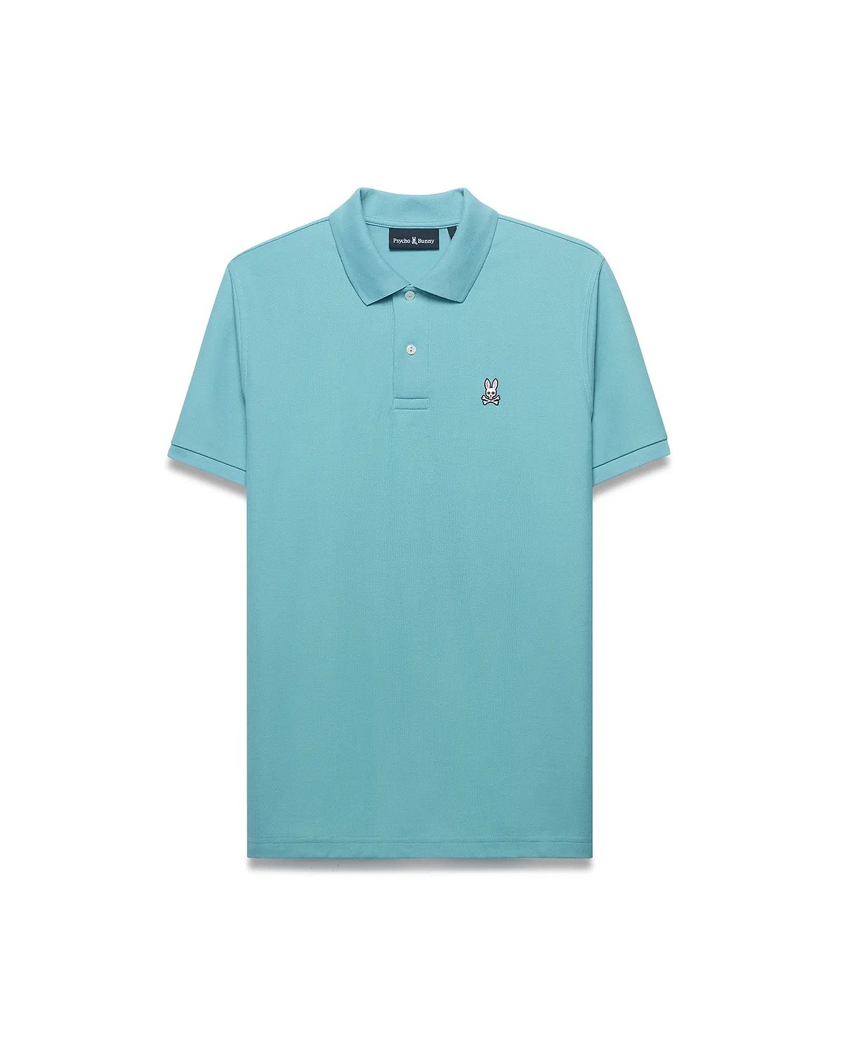 Men's Classic Pima Pique Polo in vibrant aqua, featuring a classic fit, two-button placket, and a small embroidered Psycho Bunny skull logo on the left chest. (1)