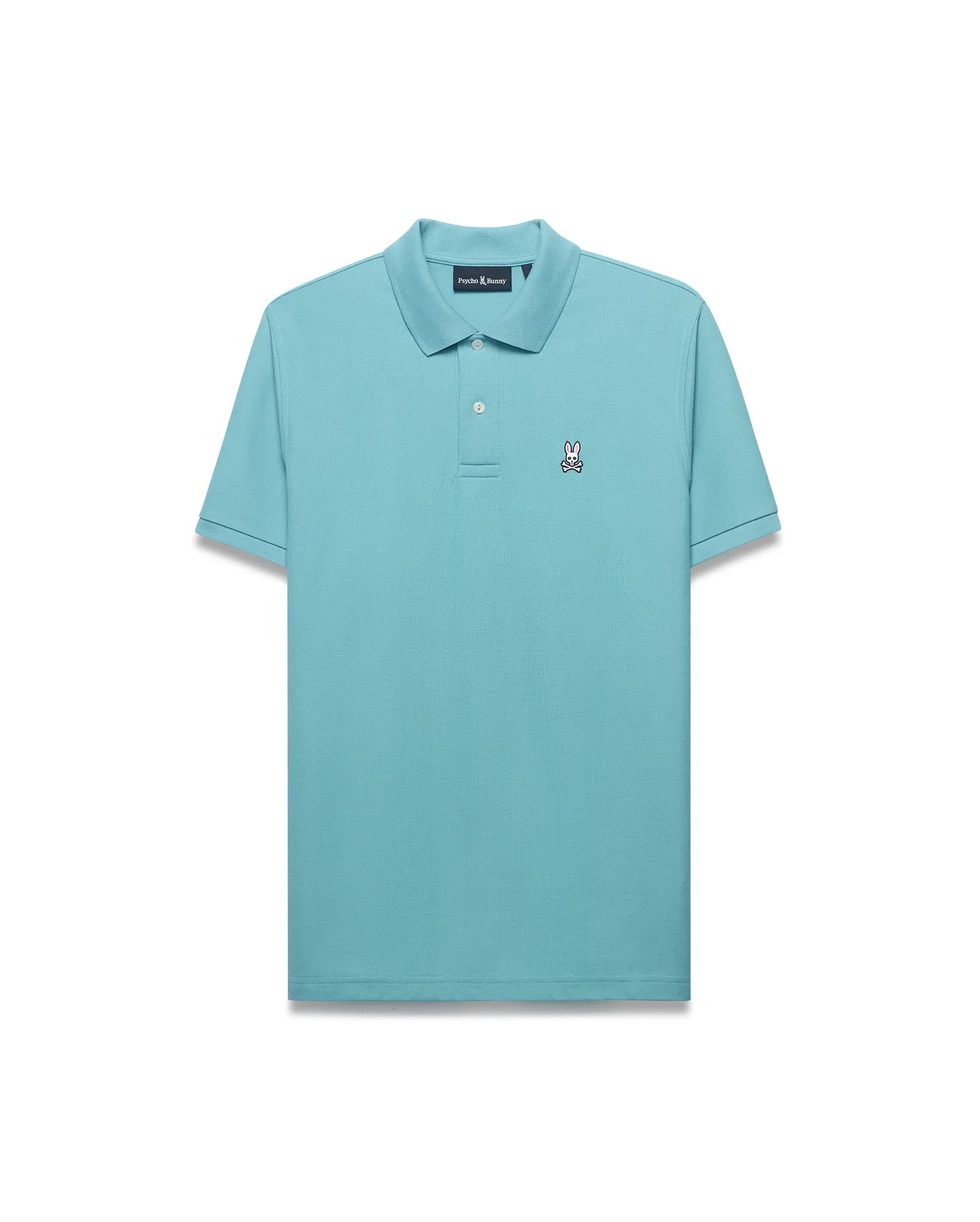Men's Classic Pima Pique Polo in vibrant aqua, featuring a classic fit, two-button placket, and a small embroidered Psycho Bunny skull logo on the left chest. (1)