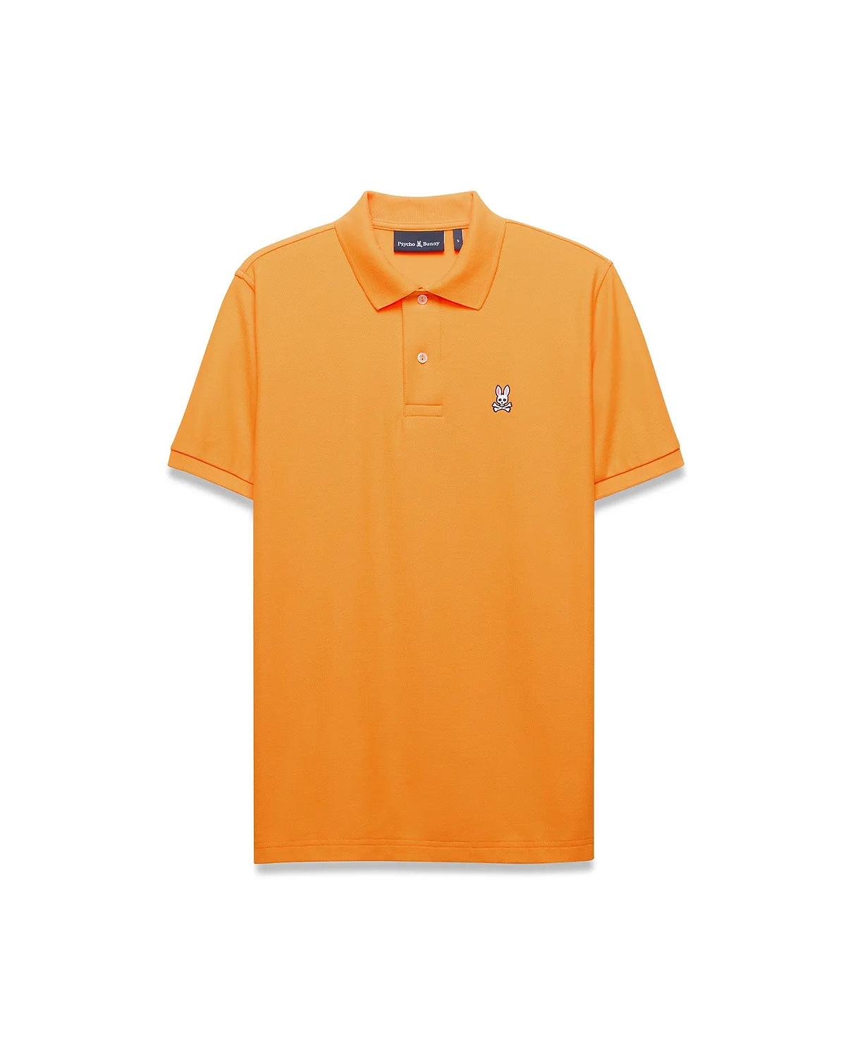 Mens Classic Pique Polo in vibrant orange, featuring a classic fit, pique fabric, two-button placket, ribbed collar, and a small embroidered white, black, and pink Psycho Bunny skull logo on the left chest. (5)