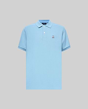 Mens Classic Pique Polo in light blue, classic fit, pique knit fabric. Features a small embroidered Psycho Bunny skull logo on the left chest, two white buttons, and dark blue tipping on ribbed cuffs.