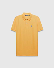 Mens Classic Pique Polo in vibrant marigold orange, with a classic fit, two-button placket, and a small embroidered multi-color Psycho Bunny skull logo on the left chest.