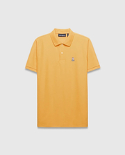 Mens Classic Pique Polo in vibrant marigold orange, with a classic fit, two-button placket, and a small embroidered multi-color Psycho Bunny skull logo on the left chest.