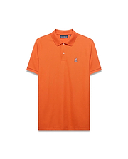 Men's Classic Pima Pique Polo in vibrant orange, featuring a classic fit, textured pique fabric, and a small embroidered white and black Psycho Bunny skull logo on the left chest with white buttons. (5)