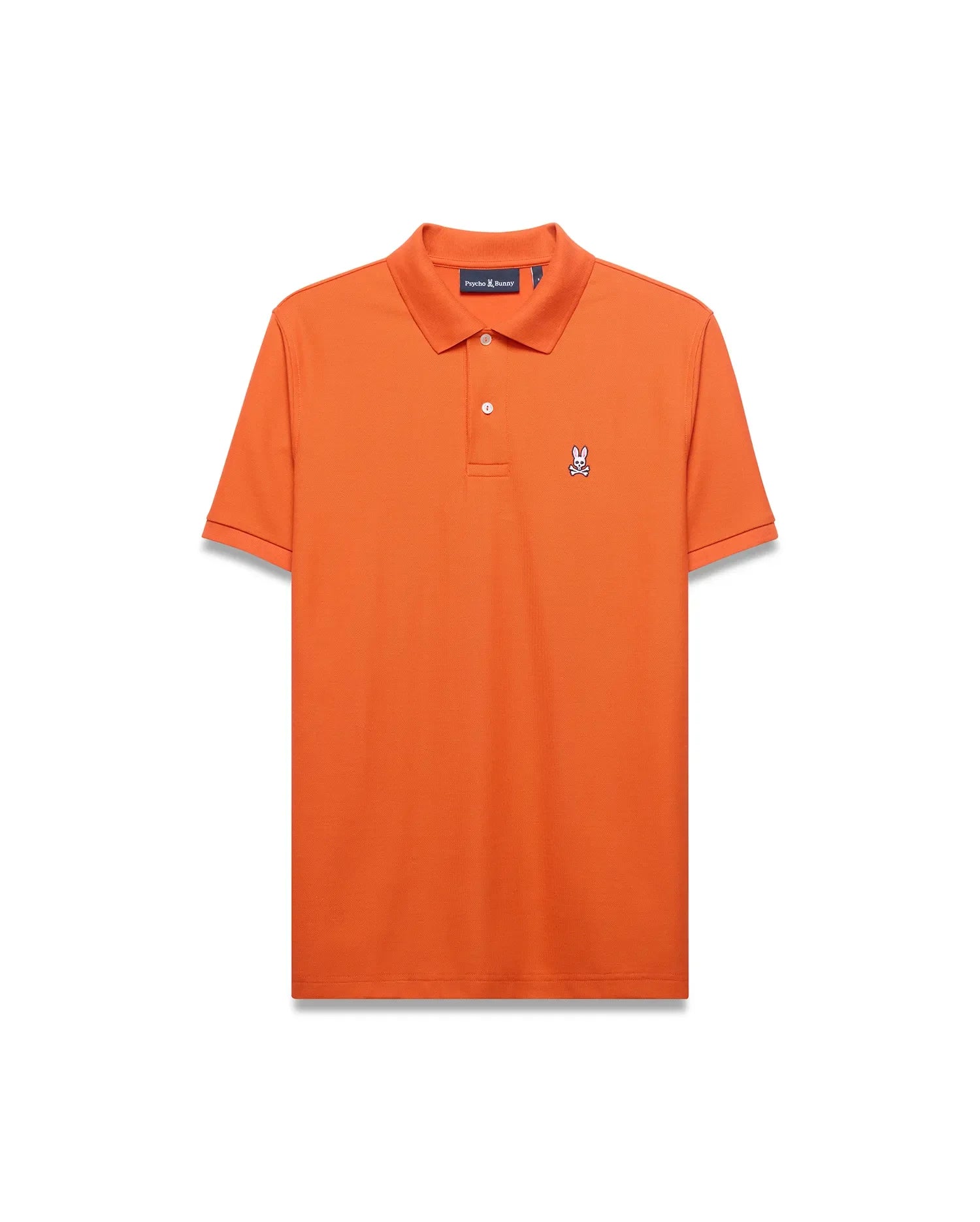 Men's Classic Pima Pique Polo in vibrant orange, featuring a classic fit, textured pique fabric, and a small embroidered white and black Psycho Bunny skull logo on the left chest with white buttons. (5)