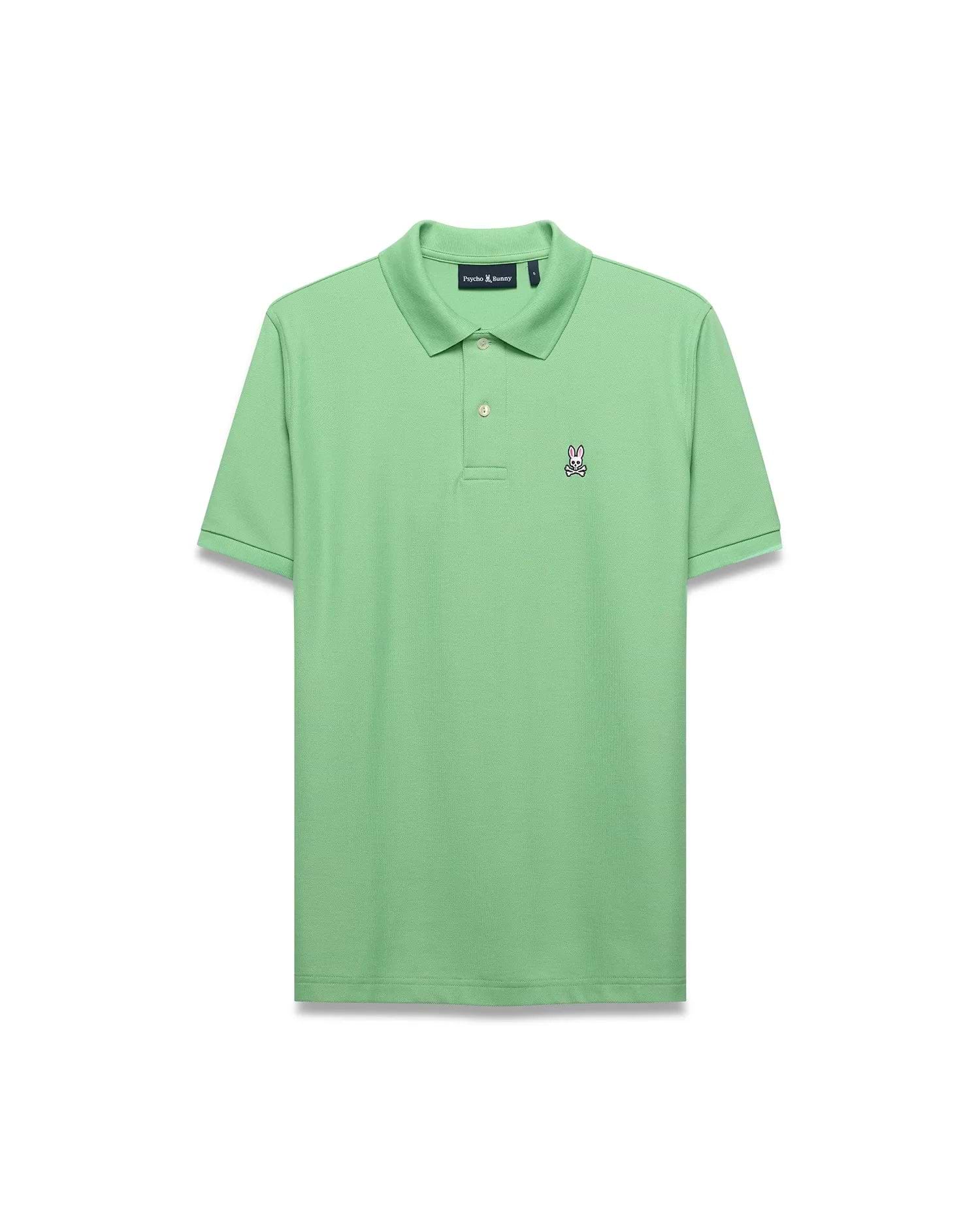 Mens Classic Pique Polo in vibrant light green, featuring a classic fit, pique knit texture, two-button placket, and a small embroidered white and black Psycho Bunny skull logo on the left chest.