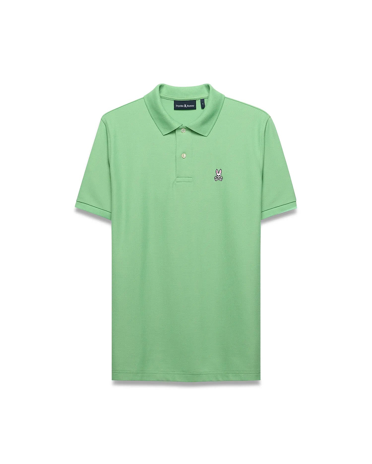 Mens Classic Pique Polo in vibrant light green, featuring a classic fit, pique knit texture, two-button placket, and a small embroidered white and black Psycho Bunny skull logo on the left chest.