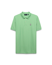 Mens Classic Pique Polo in vibrant light green, featuring a classic fit, pique knit texture, two-button placket, and a small embroidered white and black Psycho Bunny skull logo on the left chest.