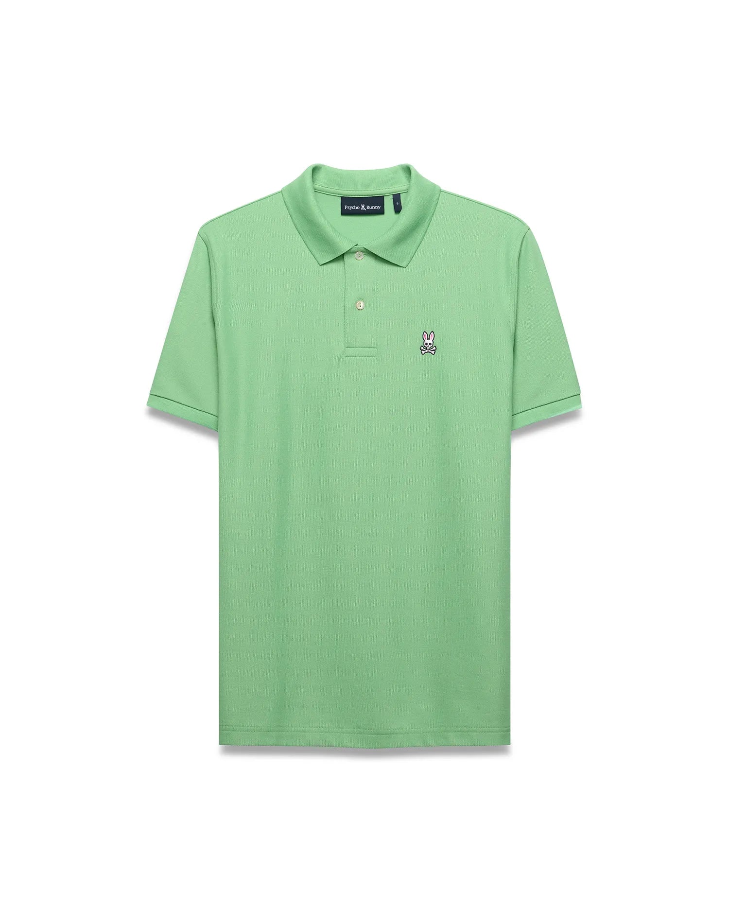 Mens Classic Pique Polo in vibrant light green, featuring a classic fit, pique knit texture, two-button placket, and a small embroidered white and black Psycho Bunny skull logo on the left chest.