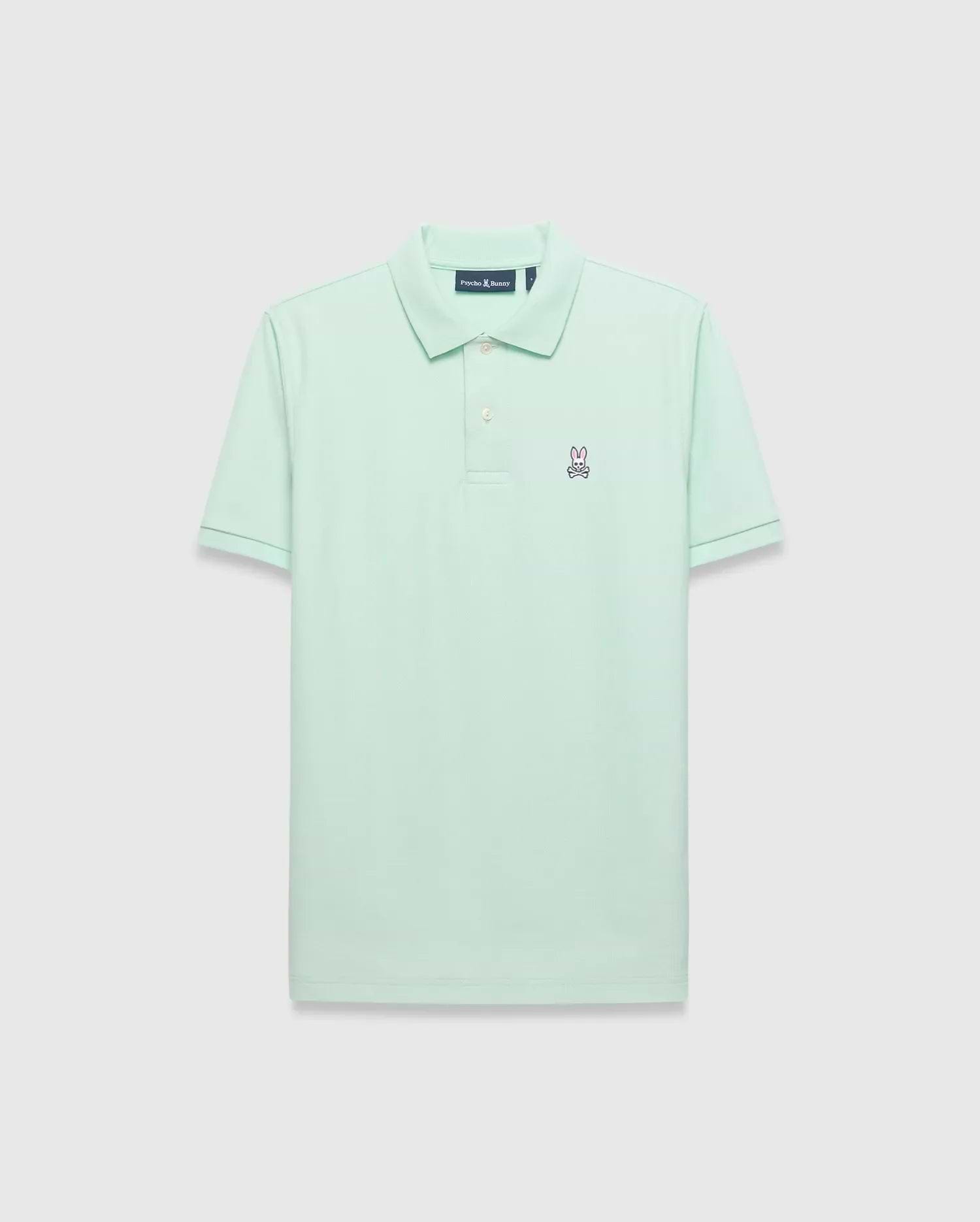 Mens Classic Pique Polo in mint green, featuring a classic fit and pique texture. Small embroidered pink and navy Psycho Bunny skull logo on the left chest with a two-button placket. (2)