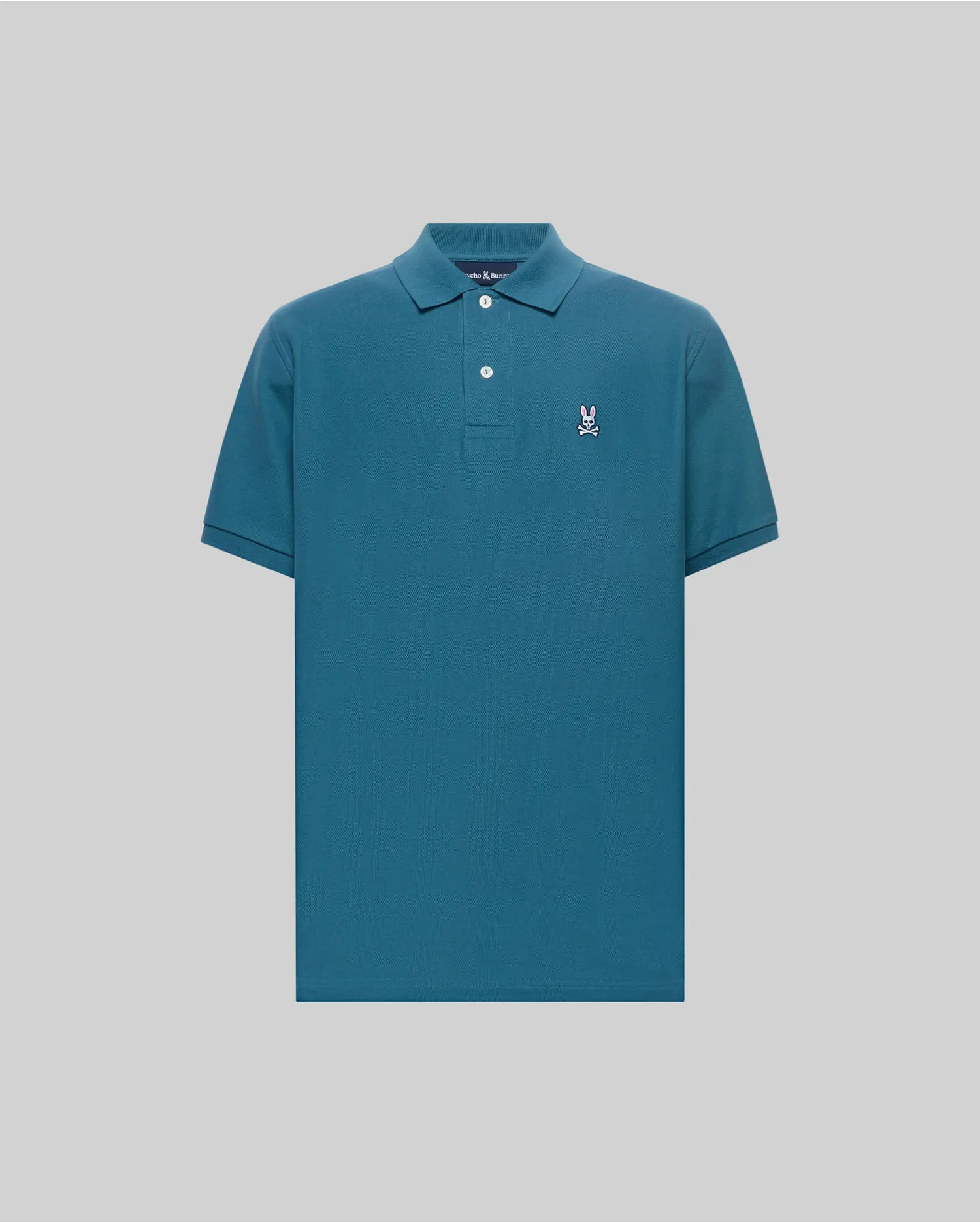 Mens Classic Pique Polo in teal, featuring a classic fit, pique fabric, two white buttons, and a small embroidered white and pink Psycho Bunny skull logo on the left chest. (2)