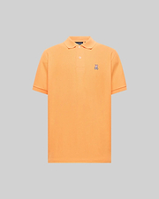 Mens Classic Pique Polo in vibrant orange, featuring a classic fit, two-button placket, and a small embroidered pink, white, and black Psycho Bunny skull logo on the left chest. (1)