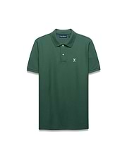 MENS CLASSIC PIQUE POLO in dark green, featuring a classic fit, pique knit texture, two-button placket, and a small embroidered pink Psycho Bunny skull logo on the left chest.
