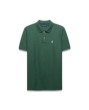 MENS CLASSIC PIQUE POLO in dark green, featuring a classic fit, pique knit texture, two-button placket, and a small embroidered pink Psycho Bunny skull logo on the left chest.