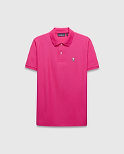 Mens Classic Pique Polo in vibrant hot pink, featuring a classic fit, pique knit texture, two white buttons, and a small embroidered white and black Psycho Bunny skull logo on the left chest. (2)