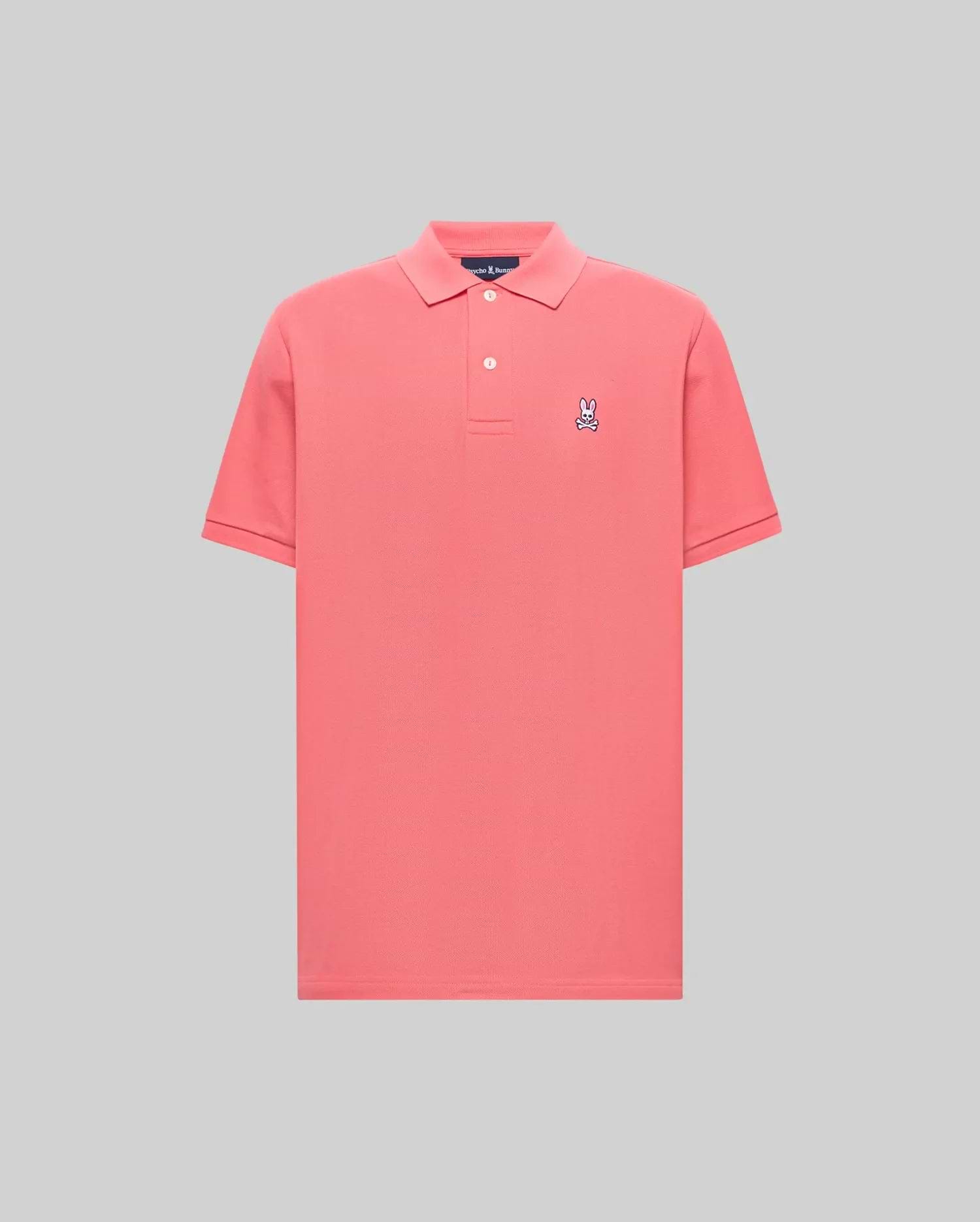 Mens Classic Pique Polo in vibrant coral, featuring a classic fit, textured pique fabric, and a small embroidered white and navy Psycho Bunny skull logo on the left chest with a two-button placket. (2)