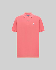 Mens Classic Pique Polo in vibrant coral, featuring a classic fit, textured pique fabric, and a small embroidered white and navy Psycho Bunny skull logo on the left chest with a two-button placket. (2)