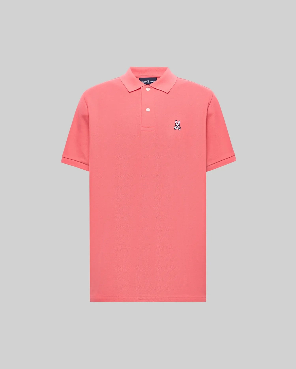 Mens Classic Pique Polo in vibrant coral, featuring a classic fit, textured pique fabric, and a small embroidered white and navy Psycho Bunny skull logo on the left chest with a two-button placket. (2)