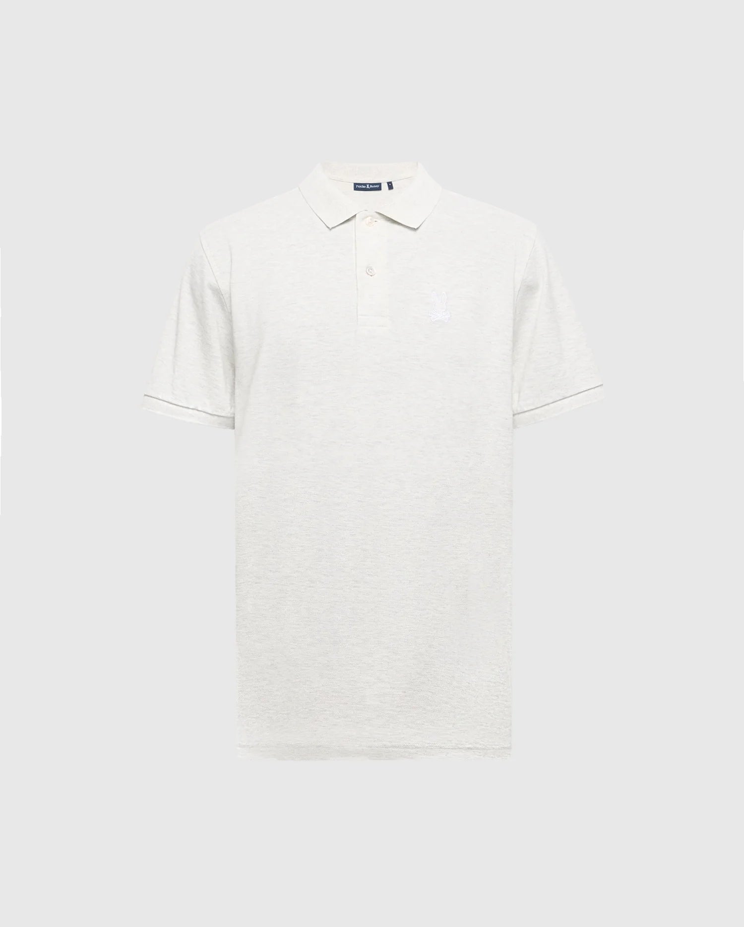 The Psycho Bunny MENS JAMES PIQUE POLO (B6K945D200) is a light gray, slim-fit polo made from soft Pima cotton. It boasts short sleeves, a collar, a three-button placket, and features a subtle embroidered logo on the left chest against a plain white backdrop.