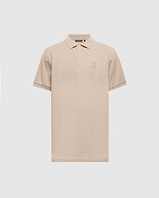 The MENS JAMES PREMIUM PIQUE POLO SHIRT - B6K945D200 by Psycho Bunny is a beige polo shirt, expertly crafted from durable Pima cotton. It features a subtle embroidered logo on the chest and is designed with short sleeves and a collar, offering a lightweight construction for a classic look set against a plain light gray background.