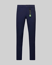 Mens Maverick 10k Step Pant in navy blue, a slim-fit style with smooth performance fabric, featuring a small neon green embroidered Psycho Bunny skull logo on the front pocket and a vibrant brand tag. (5)