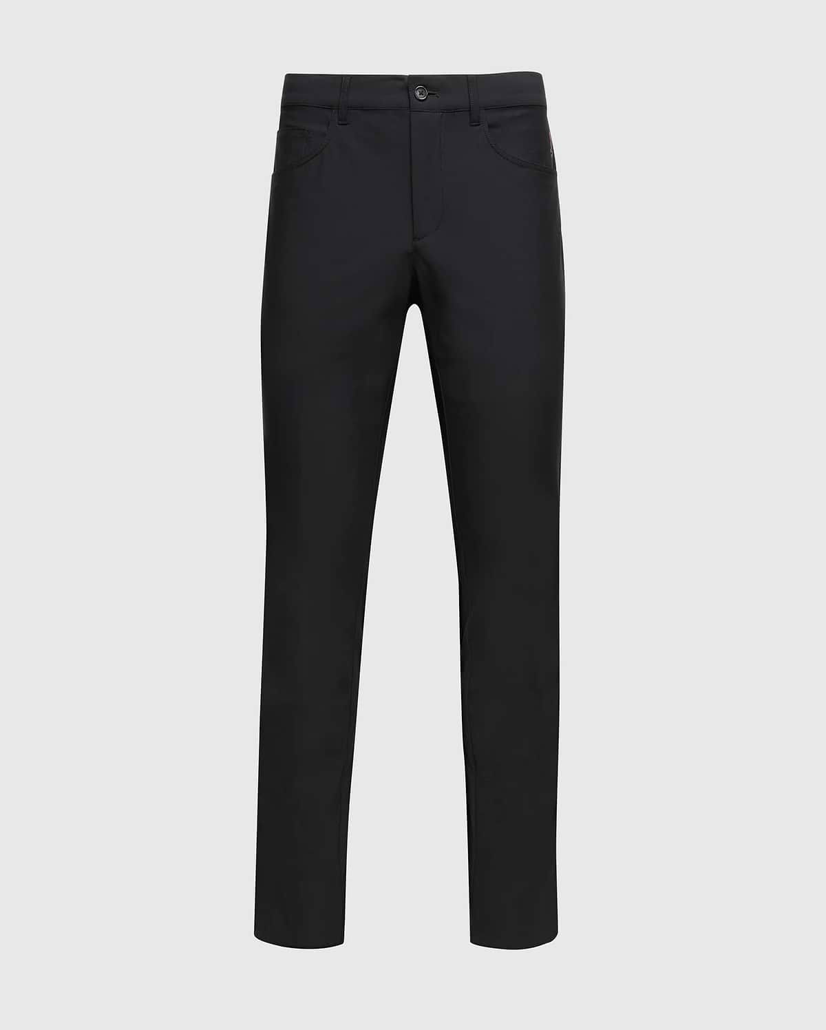 The Psycho Bunny MENS MAVERICK 10K PANT - B6P788D200 is a stylish, full-length black men's pant with five pockets and button closure, featured against a simple white backdrop.