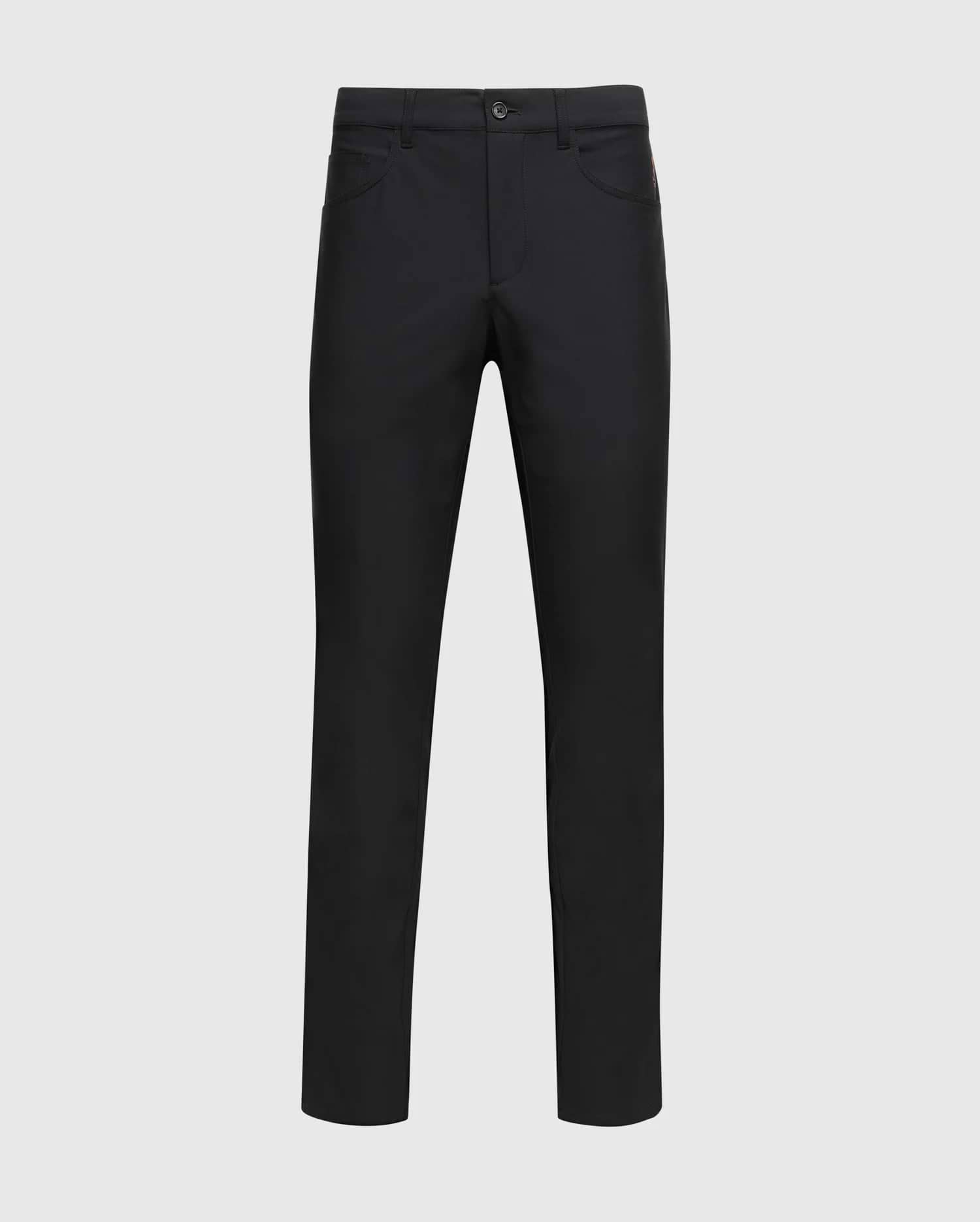 The Psycho Bunny MENS MAVERICK 10K PANT - B6P788D200 is a stylish, full-length black men's pant with five pockets and button closure, featured against a simple white backdrop.