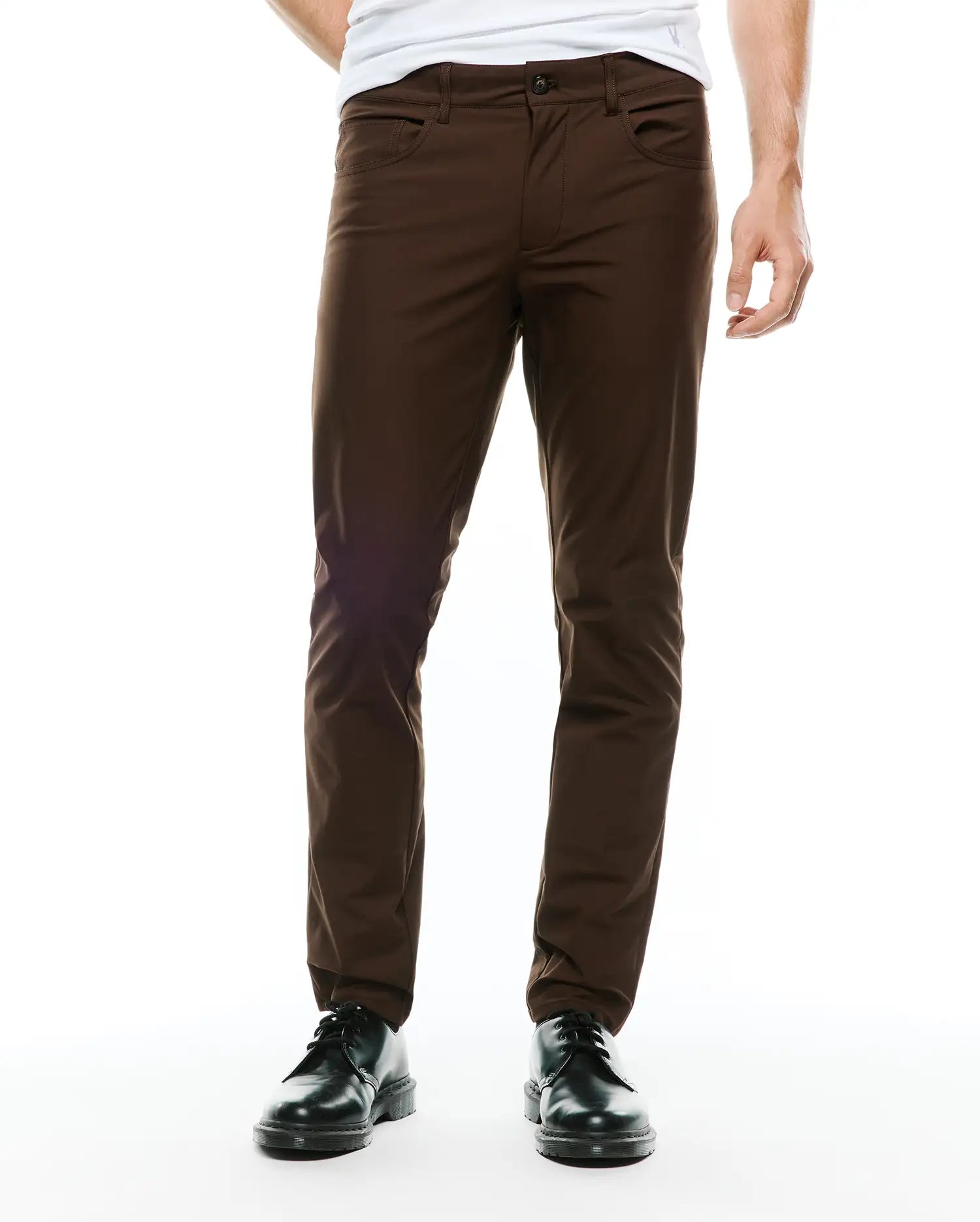 Mens Maverick 10k Step Pant in rich brown, featuring a slim-fit design, smooth fabric, and classic five-pocket styling with button closure. (1)
