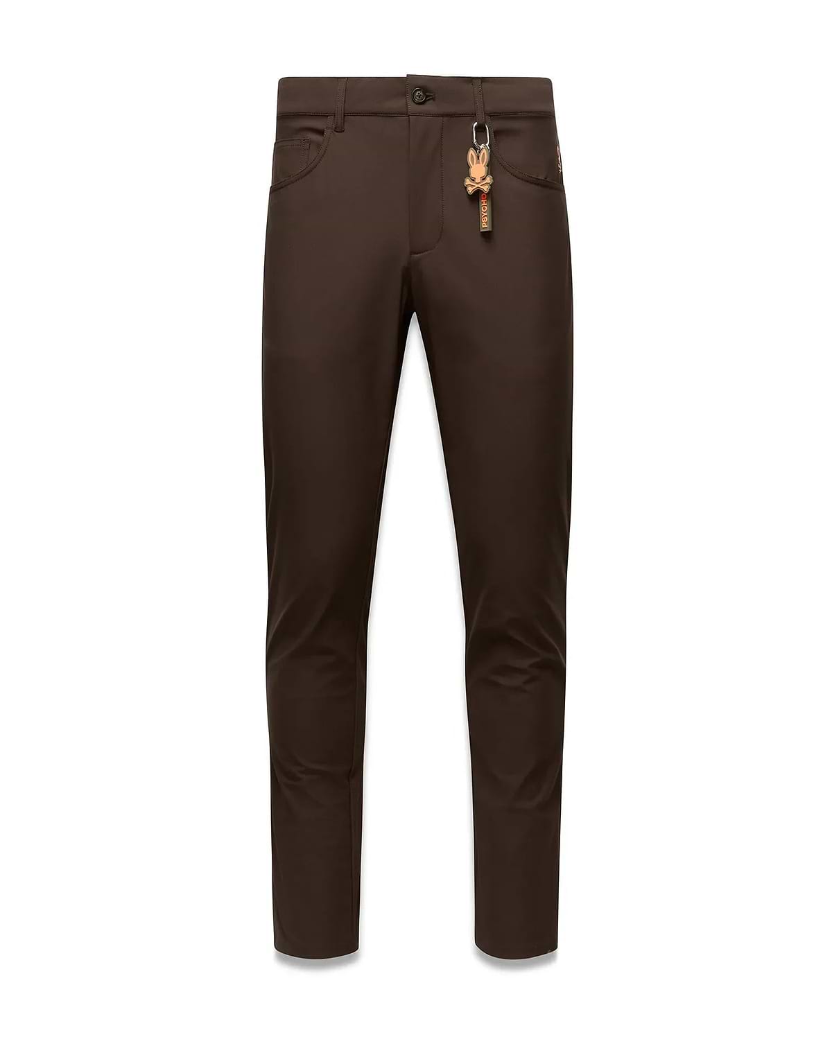 Brown Mens Maverick 10k Step Pant, slim fit, featuring a small red embroidered Psycho Bunny logo on the right front pocket and a prominent brown and orange skull keychain on the left belt loop. (5)