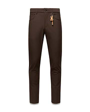 Brown Mens Maverick 10k Step Pant, slim fit, featuring a small red embroidered Psycho Bunny logo on the right front pocket and a prominent brown and orange skull keychain on the left belt loop. (5)