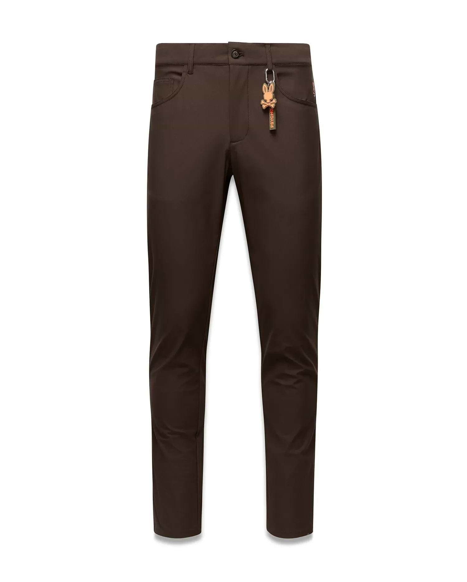Brown Mens Maverick 10k Step Pant, slim fit, featuring a small red embroidered Psycho Bunny logo on the right front pocket and a prominent brown and orange skull keychain on the left belt loop. (5)