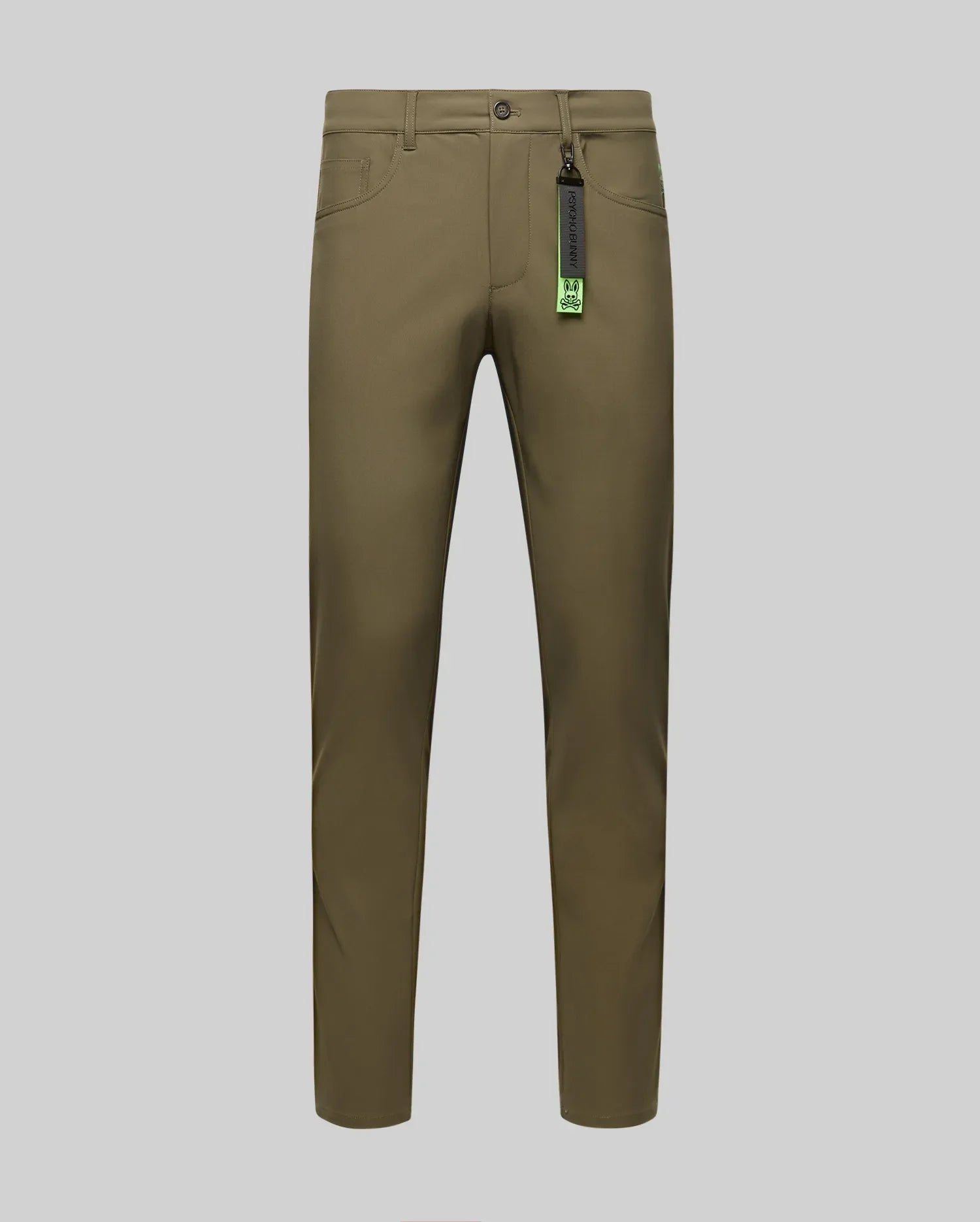The Psycho Bunny MENS MAVERICK 10K STEP PANTS (B6P788D200) in olive green slim-fit with five-pocket styling are shown on a plain gray background, featuring a black and green tag attached to the front belt loop. (5)