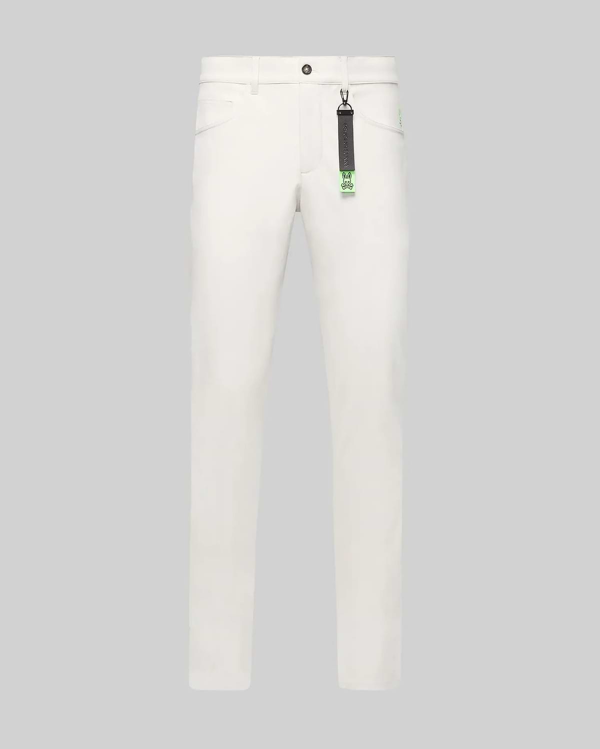 Mens Maverick 10k Step Pant in cream, featuring a classic fit, smooth fabric, a neon green Psycho Bunny keychain, and a small embroidered neon green bunny skull logo on the right hip.
