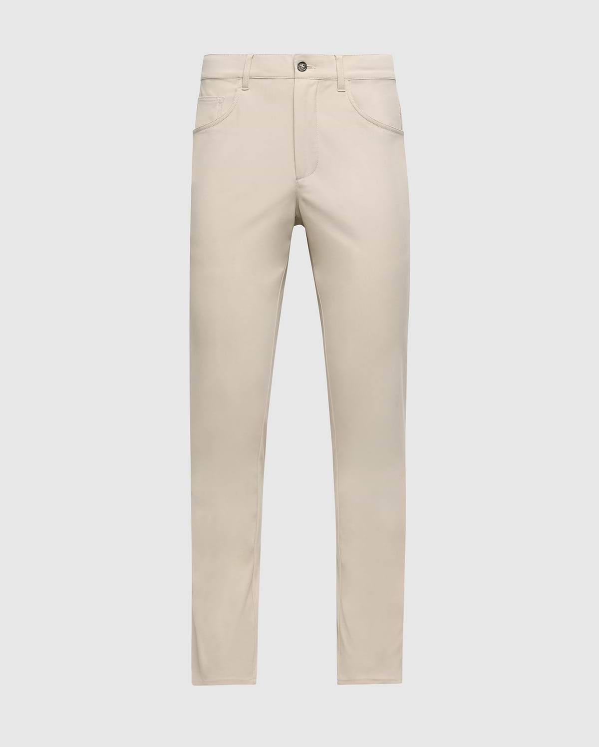 The MENS MAVERICK 10K PANT - B6P788D200 by Psycho Bunny, in light beige, features a practical five-pocket design and a classic straight-cut silhouette. Set against a plain white background, these pants ensure comfort with their innovative four-way stretch fabric and secure closure featuring both button and zip elements.