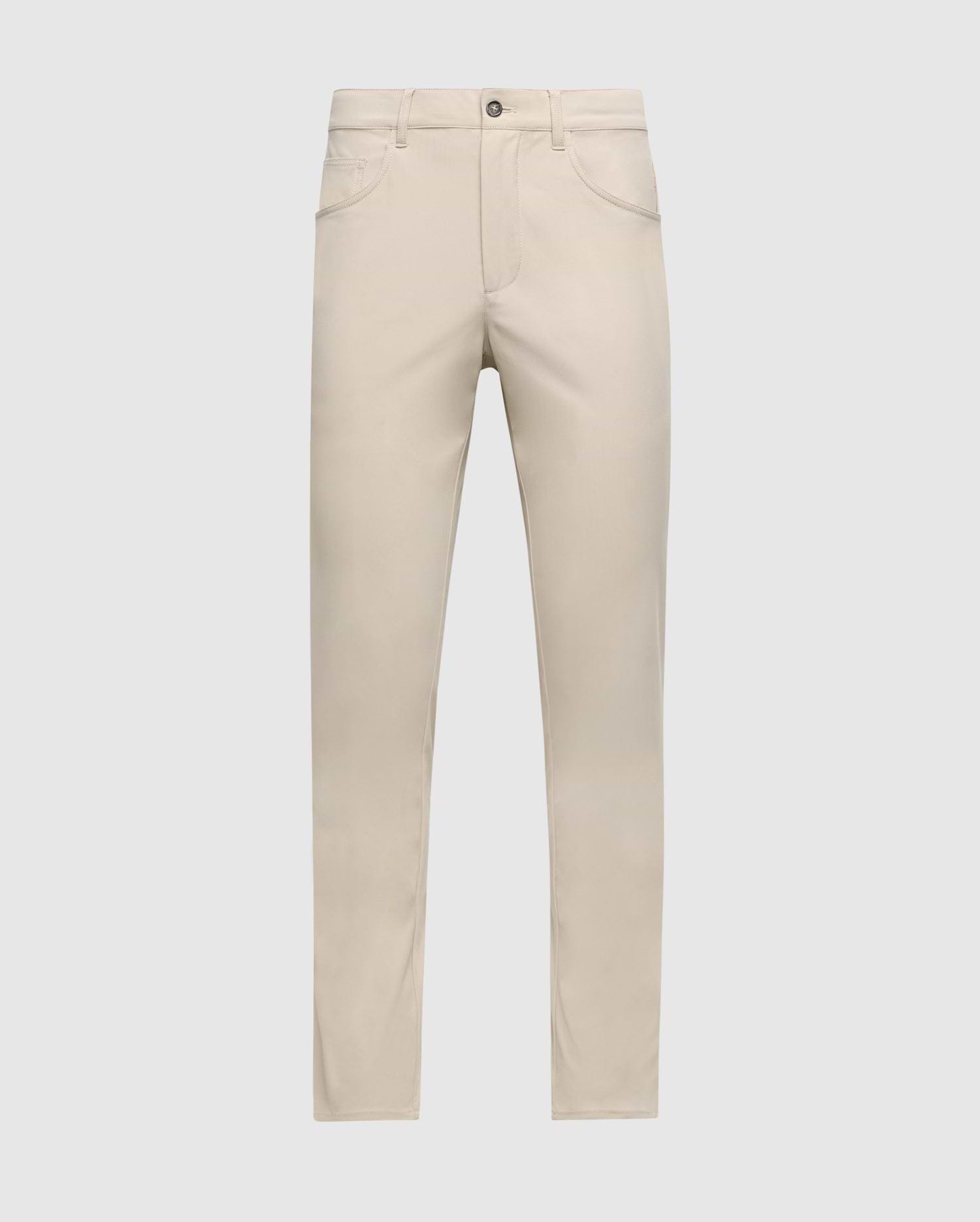 The MENS MAVERICK 10K PANT - B6P788D200 by Psycho Bunny, in light beige, features a practical five-pocket design and a classic straight-cut silhouette. Set against a plain white background, these pants ensure comfort with their innovative four-way stretch fabric and secure closure featuring both button and zip elements.