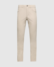 The MENS MAVERICK 10K PANT - B6P788D200 by Psycho Bunny, in light beige, features a practical five-pocket design and a classic straight-cut silhouette. Set against a plain white background, these pants ensure comfort with their innovative four-way stretch fabric and secure closure featuring both button and zip elements.