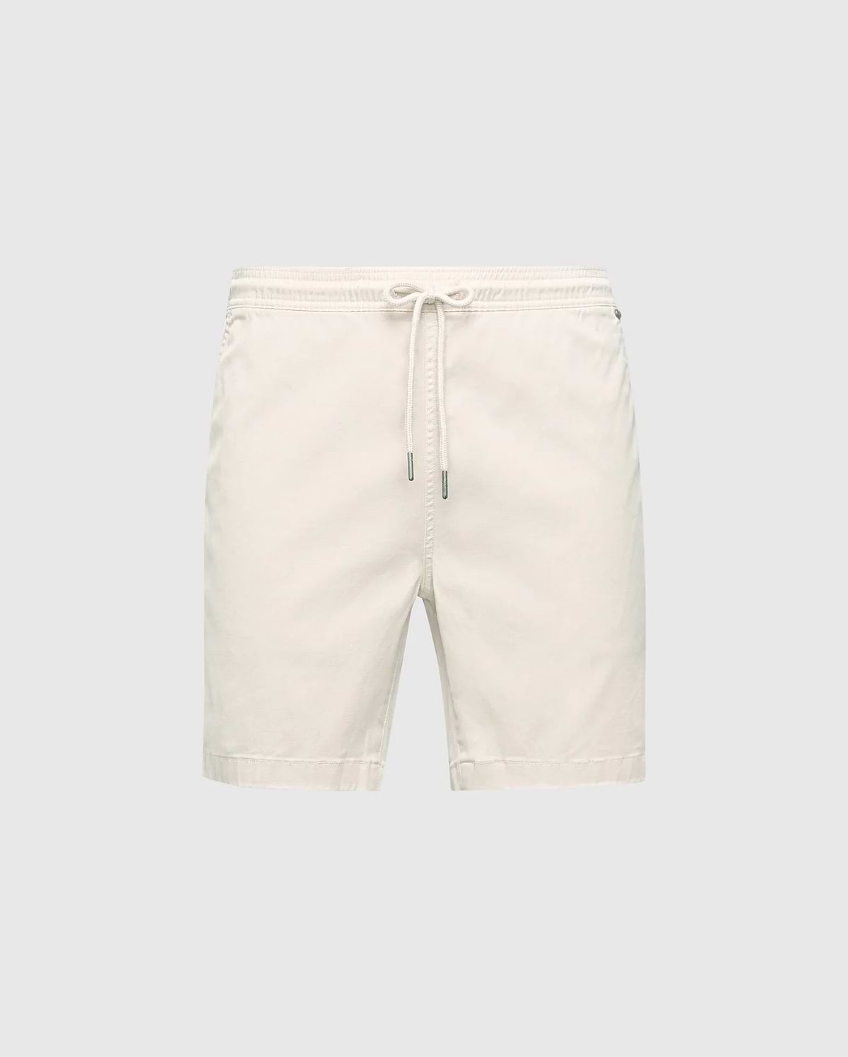 The MENS WILLIS STRETCH TENCEL SHORT in cream by Psycho Bunny features a Stretch Tencel™ blend with an elasticized waistband and drawstring closure, set against a plain gray background, perfect for effortless casual style.