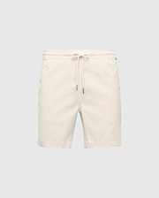 The MENS WILLIS STRETCH TENCEL SHORT in cream by Psycho Bunny features a Stretch Tencel™ blend with an elasticized waistband and drawstring closure, set against a plain gray background, perfect for effortless casual style.