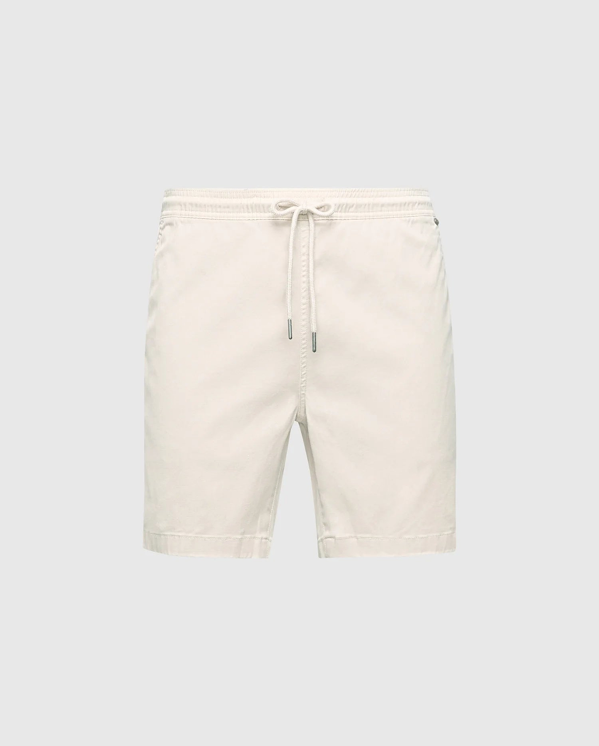 The MENS WILLIS STRETCH TENCEL SHORT in cream by Psycho Bunny features a Stretch Tencel™ blend with an elasticized waistband and drawstring closure, set against a plain gray background, perfect for effortless casual style.