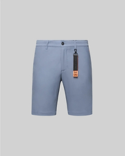 Mens Maverick 10k Step Short in light blue, featuring a smooth performance fabric, classic fit, flat front, and a distinctive black and orange Psycho Bunny keychain with bunny skull logo and brand text.
