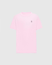 The Psycho Bunny MENS CLASSIC CREW NECK TEE - B6U014CRPC features a light pink color with short sleeves and a small embroidered peace sign on the upper left. Made from soft Pima cotton in a regular fit, it's shown on a plain gray background.
