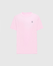 The Psycho Bunny MENS CLASSIC CREW NECK TEE - B6U014CRPC features a light pink color with short sleeves and a small embroidered peace sign on the upper left. Made from soft Pima cotton in a regular fit, it's shown on a plain gray background.
