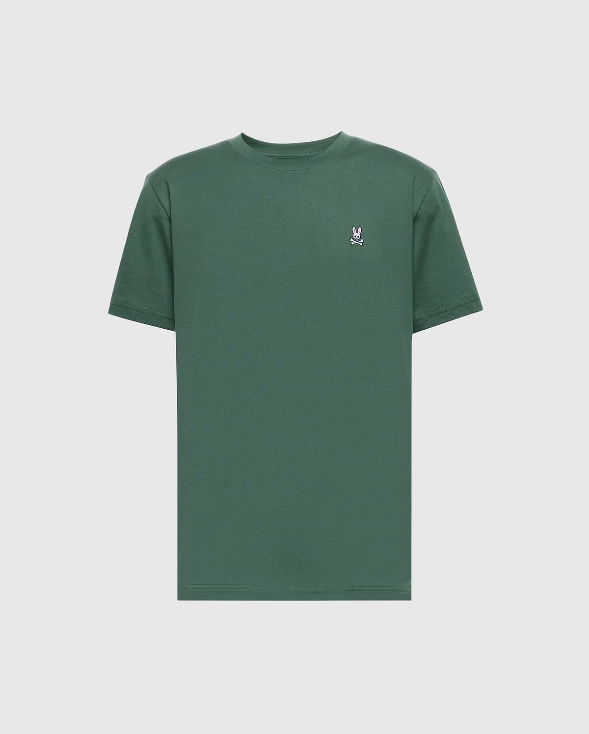 The Psycho Bunny MENS CLASSIC CREW NECK TEE (B6U014F200) is a plain green pima cotton shirt with a small white embroidered logo on the left chest, shown on a light gray background.