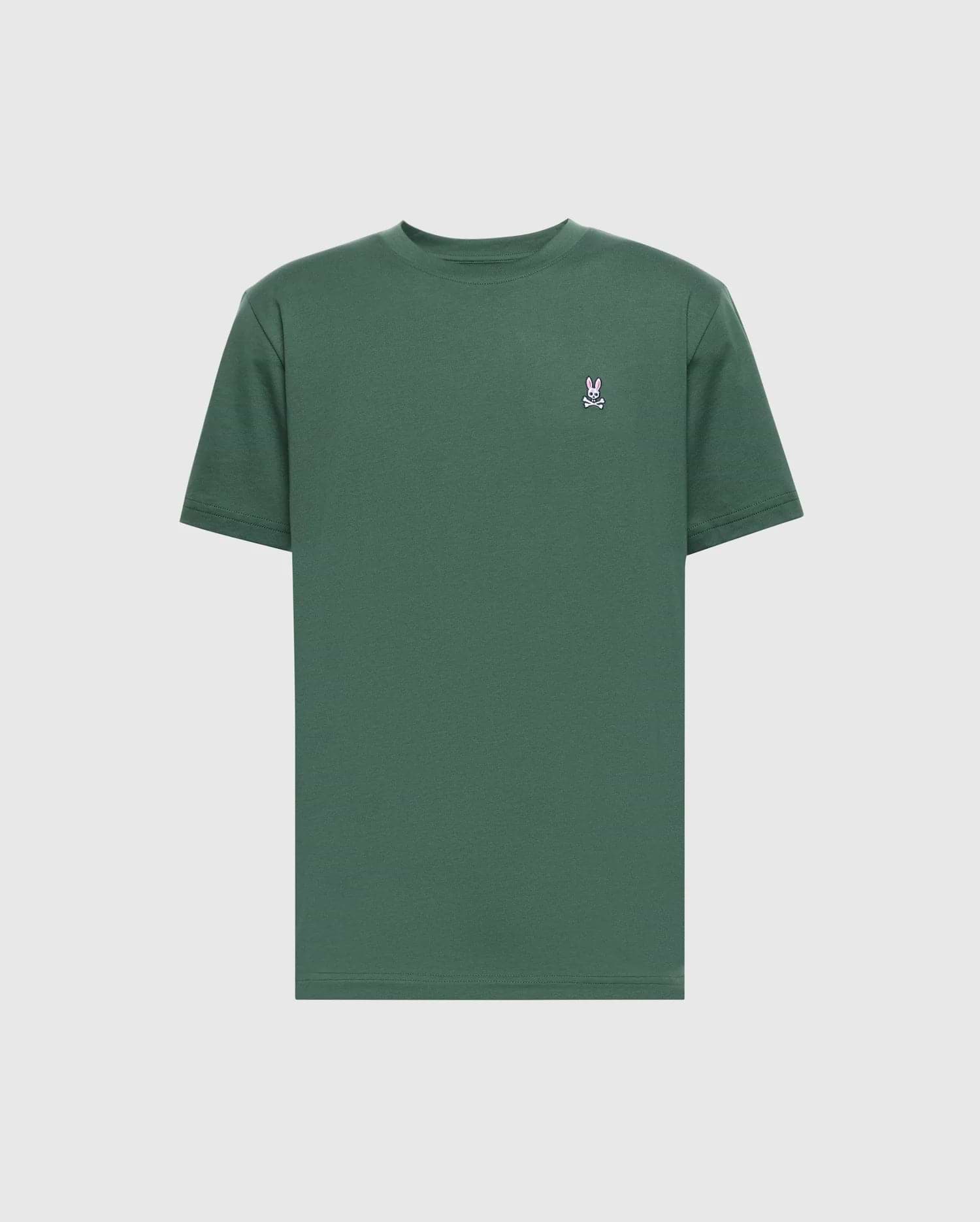 The Psycho Bunny MENS CLASSIC CREW NECK TEE (B6U014F200) is a plain green pima cotton shirt with a small white embroidered logo on the left chest, shown on a light gray background.