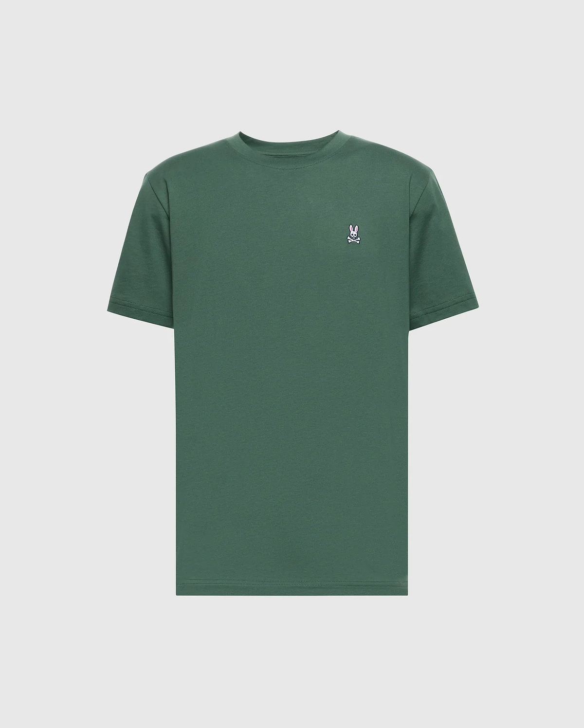 The Psycho Bunny MENS CLASSIC CREW NECK TEE (B6U014F200) is a plain green pima cotton shirt with a small white embroidered logo on the left chest, shown on a light gray background.