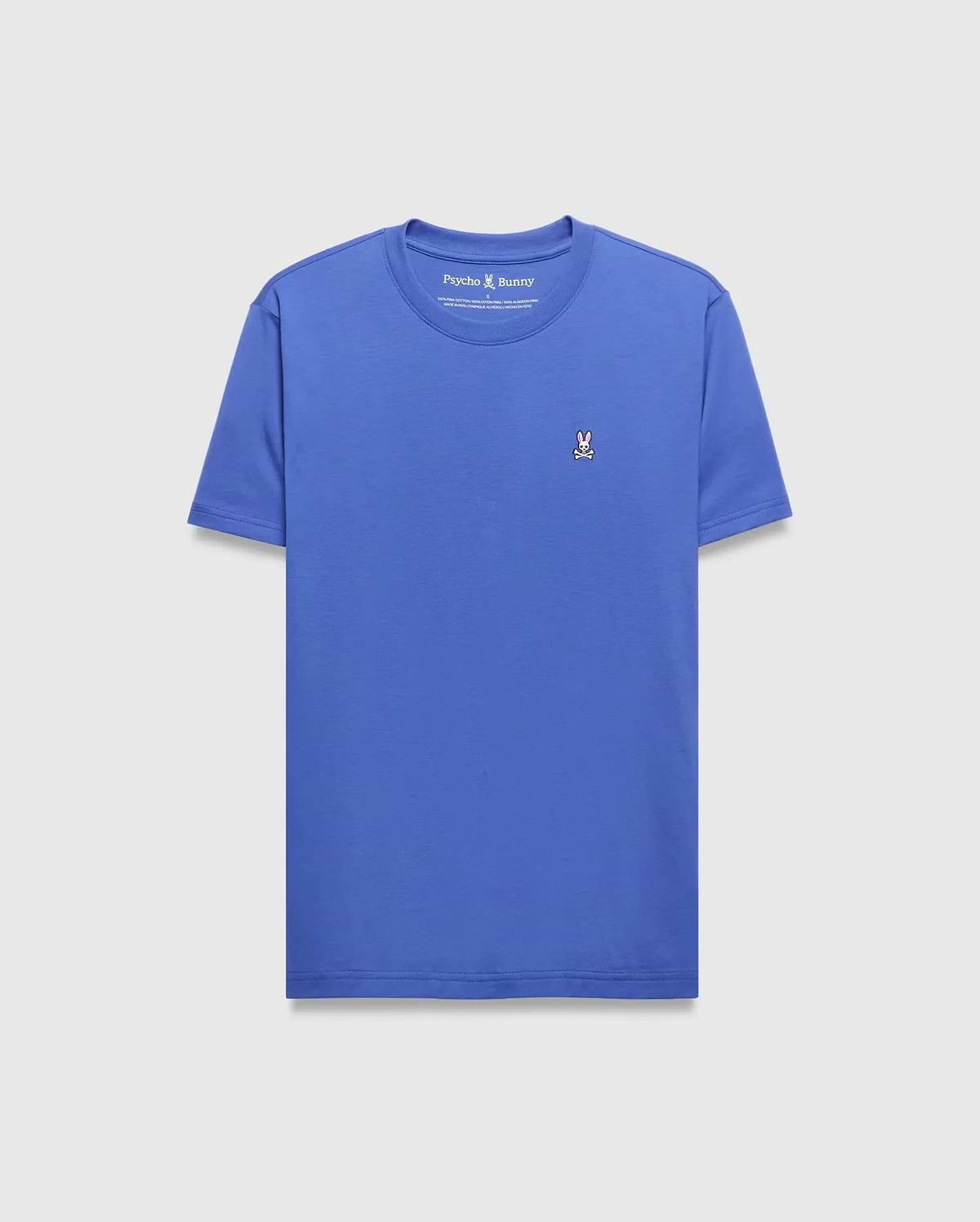 Mens Classic Crew Neck Tee in royal blue, featuring a classic fit and smooth jersey knit fabric. A small, embroidered Psycho Bunny skull logo in pink, white, and black is on the left chest.