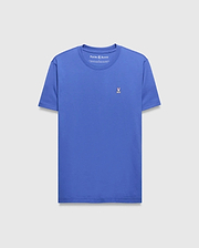 Mens Classic Crew Neck Tee in royal blue, featuring a classic fit and smooth jersey knit fabric. A small, embroidered Psycho Bunny skull logo in pink, white, and black is on the left chest.