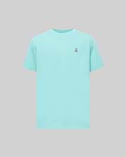Aqua Mens Classic Crew Neck Tee in smooth jersey knit, featuring a small, embroidered Psycho Bunny skull logo with pink and white accents on the left chest, classic fit. (1)